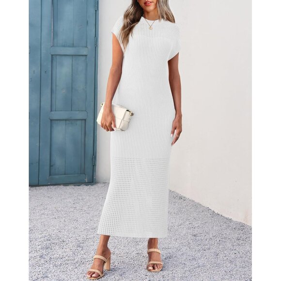 Womens Ribbed Knit Dress Casual Summer Maxi Cap Sleeve Crewneck S-XXL - Picture 3 of 4